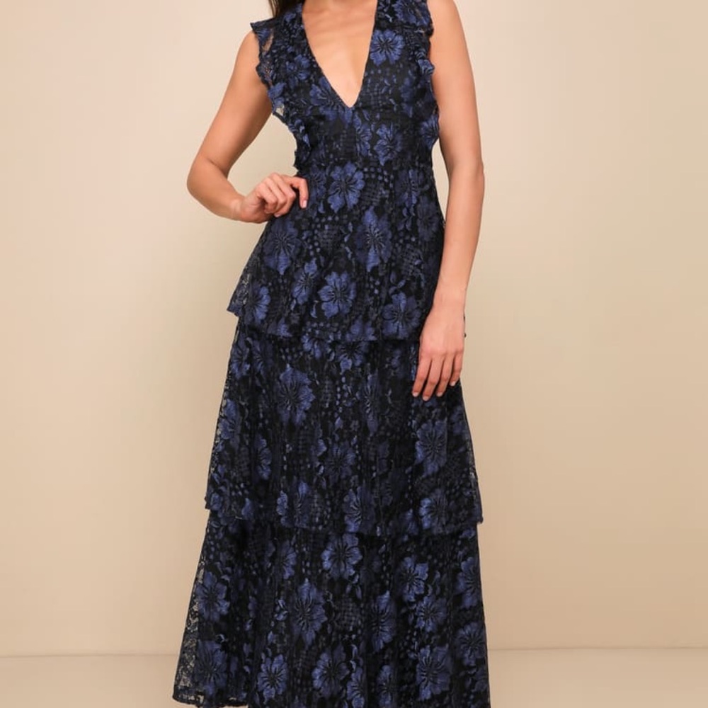 Molinetto Navy Blue Lace Ruffled Tiered Sleeveless Maxi Dress